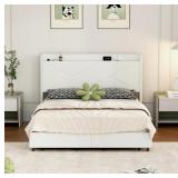 $189 Beige Queen Upholstered Platform Bed with Storage Drawers