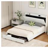 $189 Beige Queen Upholstered Platform Bed with Storage Drawers