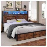 $170 Farmhouse Full Bed Frame with Bookcase Headboard and Storage