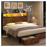 $170 Farmhouse Full Bed Frame with Bookcase Headboard and Storage