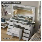 $240 White Vanity Desk with Illuminated Mirror, 12 LED Lights
