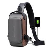 NEW USB Charging Sport Sling Anti-Theft Shoulder Bag, Waterproof Messenger Bag SILVER & BROWN