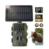 Solar Trail Camera 8K 30FPS, 60MP Bluetooth WiFi Game Camera, APP Control Trail Cam, 120° Detection Angle/Night Vision/0.1S Trigger Motion Activated/IP66 Waterproof, Deer for Wildlife Farm