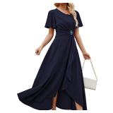 QMZ Wedding Guest Dresses for Women Have Pockets Cocktail Dress Ruffle Sleeve A Line Evening Party Formal Dresses for Women-Navy Blue-M