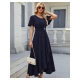 QMZ Wedding Guest Dresses for Women Have Pockets Cocktail Dress Ruffle Sleeve A Line Evening Party Formal Dresses for Women-Navy Blue-M