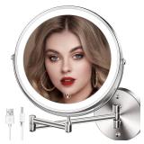 MNIENT Wall Mounted Lighted Makeup Mirror, 8 Rechargeable Double-Sided Light up Magnifying Mirror 1x/10x, 3 Color Led Vanity Mirror with Lights, Touch Dimmable 360° Rotation Foldable-Nickel
