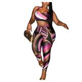 Molilove Womens Sexy 2 Piece Outfits Color Block Sleeveless Crop Top Bodycon Pants Tracksuit Summer Y2K Party Clubwear Large