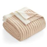 Snuggle Sac Soft Ribbed Beige Throw Blanket for Couch, Luxurious Fluffy Cozy Knit Throws for All Season, Reversible Warm Microfiber Netural Blankets for Couch, Sofa, Travel, Beige, 50x60 inches