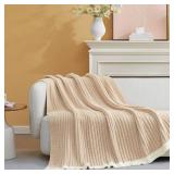 Snuggle Sac Soft Ribbed Beige Throw Blanket for Couch, Luxurious Fluffy Cozy Knit Throws for All Season, Reversible Warm Microfiber Netural Blankets for Couch, Sofa, Travel, Beige, 50x60 inches