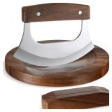 Sunnychicc 2 Pcs Mezzaluna Ulu Knife and Cutting Board Set Rocker Chopper Slicer Cutter with Stand Cutting Board Mezzaluna Chopper Alaskan Ulu Knife Kit for Onion Vegetable Mincing Tool(Walnut Wood)