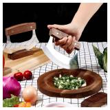Sunnychicc 2 Pcs Mezzaluna Ulu Knife and Cutting Board Set Rocker Chopper Slicer Cutter with Stand Cutting Board Mezzaluna Chopper Alaskan Ulu Knife Kit for Onion Vegetable Mincing Tool(Walnut Wood)