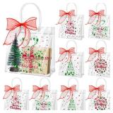Henoyso 24 Pcs Red and Green Christmas Clear Gift Bags Plastic Goodie Candy Treat Bag with Handles PVC Gift Wrap Totes with Ribbon for Xmas Party Favors (7.8 x 7.8 x 3.1)