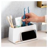 YouCopia The Ledge Toothbrush Holder, 3-Slot, Bathroom Vanity Counter Organizer with Cord Slots, Removable Base and Storage for Phones, Toothpaste and Accessories