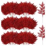 Hotop 100 Pcs Christmas Glitter Pine Branches Artificial Pine Stems Picks 10.6 Inches Christmas Pine Needles Leaves for Xmas Tree DIY Wreath Garland Home Winter Party Decoration(Red)