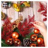 Hotop 100 Pcs Christmas Glitter Pine Branches Artificial Pine Stems Picks 10.6 Inches Christmas Pine Needles Leaves for Xmas Tree DIY Wreath Garland Home Winter Party Decoration(Red)