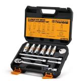 12-Piece 3/8 Drive Spark Plug Socket Set with Ratchet Handle, Universal Joint, Spark Plug Gapper & Extension Bar, 9/16, 5/8, 3/4, 13/16, 14mm, 18mm, CR-V Sockets with Rubber Holding Rings