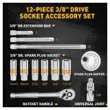 12-Piece 3/8 Drive Spark Plug Socket Set with Ratchet Handle, Universal Joint, Spark Plug Gapper & Extension Bar, 9/16, 5/8, 3/4, 13/16, 14mm, 18mm, CR-V Sockets with Rubber Holding Rings