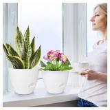 QRRICA Plant Pots Self Watering Pots, Set of 2 Plastic Planters with Drainage Holes and Saucers,Plastic Flower Pots,Nursery Planting Pot for Indoor Out Door Plants(Pure White)