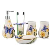 FORLONG Ceramic Bathroom Accessory Set Dancing Butterfly Ceramic 5 Pieces Set,Including Toothbrush Holders,2 Gargle Tooth-Brushing Cups,Soap Dishes,Soap & Lotion Dispenser