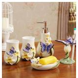FORLONG Ceramic Bathroom Accessory Set Dancing Butterfly Ceramic 5 Pieces Set,Including Toothbrush Holders,2 Gargle Tooth-Brushing Cups,Soap Dishes,Soap & Lotion Dispenser