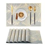 Gold Placemats Set of 6 Rectangle Pressed Vinyl Table Mats Heat Resistant Non-Slip Washable Wipeable Place Mats for Dining Table Indoor Outdoor Flower Dinner Placemats