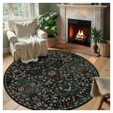 Round Rug 6ft Black Washable Floral Circle Rug,Vintage Boho Botanical Round Area Rugs, Non-Slip Soft Low-Pile Circular Carpet for Bedroom,Kids Room,College Dorm,Home Decor