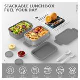 Jelife Adult Bento Box Lunch Box - 3 Layers Stackable Bento Lunch Box for Adults, 72oz Large-Style All-in-One Bento Boxes Leak-Proof Lunchbox with Utensil Sauce Containers for Dining Out,Work, Grey