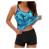Yonique 2 Piece Tankini Swimsuits for Women with Boy Shorts Athletic Swim Tank Top Bathing Suits Light Blue Leaf L
