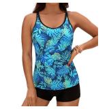 Yonique 2 Piece Tankini Swimsuits for Women with Boy Shorts Athletic Swim Tank Top Bathing Suits Light Blue Leaf L