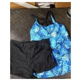 Yonique 2 Piece Tankini Swimsuits for Women with Boy Shorts Athletic Swim Tank Top Bathing Suits Light Blue Leaf L