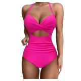SUUKSESS Women Sexy Cutout One Piece Swimsuits Push Up High Waisted Monokini Bathing Suits (Hot Pink, XL)