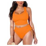 Pink Queen High Waisted Swimsuit for Women Ruched Crop Top Bikini Bottom 2 Piece Tummy Control Bathing Suit Orange XL