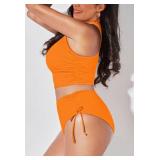 Pink Queen High Waisted Swimsuit for Women Ruched Crop Top Bikini Bottom 2 Piece Tummy Control Bathing Suit Orange XL