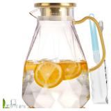 APPEARS NEW - Yirilan Glass Pitcher, 2.2 Liter Water Pitcher With Lid,Iced Tea Pitcher for Fridge,Carafe With Lid, Glass Water Jug For Juice, Milk, Cold Or Hot Beverages, 2 Quart