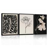 APPEARS NEW - 3Pcs Framed Abstract Floral Wall Art Paintings Modern Black and White Botanical Poster Prints Gallery Picture Decoration for Living Room Bedroom Bathroom Office. Ready to Hang