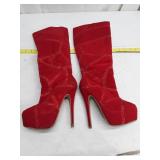 Red Suede Glitter High Heel Boots - Size 5.5