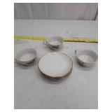 Porcelain Tea Set with Rose Pattern and Gold Trim, 3 cups, 4 saucers