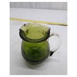Damaged, Hand-Blown Green Glass Creamer Pitcher with Clear Handle
