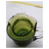 Damaged, Hand-Blown Green Glass Creamer Pitcher with Clear Handle