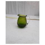 Damaged, Hand-Blown Green Glass Creamer Pitcher with Clear Handle
