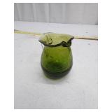 Damaged, Hand-Blown Green Glass Creamer Pitcher with Clear Handle