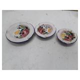 Hand-Painted Floral Ceramic Plates with Blue Trim - Set of 3