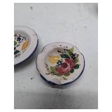 Hand-Painted Floral Ceramic Plates with Blue Trim - Set of 3