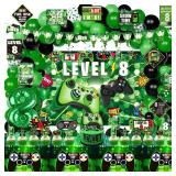 KOTLMIGHT 8th Birthday Decorations for Boys, 148Pcs Green Video Game level 8 Party Supplies for Boy 8th Birthday - Backdrop, Banner, Balloons, Tablecloth, Centerpieces, Hanging Swirl, Hat, Wall Signs