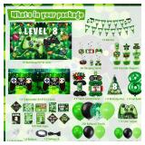 KOTLMIGHT 8th Birthday Decorations for Boys, 148Pcs Green Video Game level 8 Party Supplies for Boy 8th Birthday - Backdrop, Banner, Balloons, Tablecloth, Centerpieces, Hanging Swirl, Hat, Wall Signs