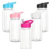 5 Pack 10 Oz Plastic Snow Globe Tumbler for Kids with Pre-Drilled Hole and Plug, Leak Proof Double Wall Snow Globe Sports Water Bottles with Portable Handle for Glitter DIY Gift, Mixed Color