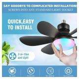 RRDEFSD Socket Ceiling Fan with Light, 20.5in Screw Ceiling Fans with Lights, E27E26 Base Small Ceiling Fan with Remote, LED Mini Ceiling Fans for BedroomGarageKitchen(Black)
