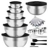 WEPSEN Mixing Bowls Set, 27PCS Stainless Steel Mixing Bowl with Lid Set, Large Nesting Bowls 7, 4.5, 3, 2.5, 2, 1.5QT, Measuring Cups and Spoons Baking Utensils Metal Bowl for Kitchen Prep