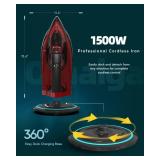 OMAIGA Cordless Iron for Clothes - 1500W Steam Iron with Non-Stick Ceramic Soleplate, Rapid Heating, Auto Shut Off, Burst of Steam, Self-Clean, Anti-Drip, Anti-Calc, 3 Temperature Settings, Red