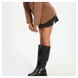 QIY Womenfts Knee-High Boots Heel Fall Boot for Women 2025 Black Below Knee Boots Riding Square Toe Chunky Heeled Tall Long Leather Boot Size 9